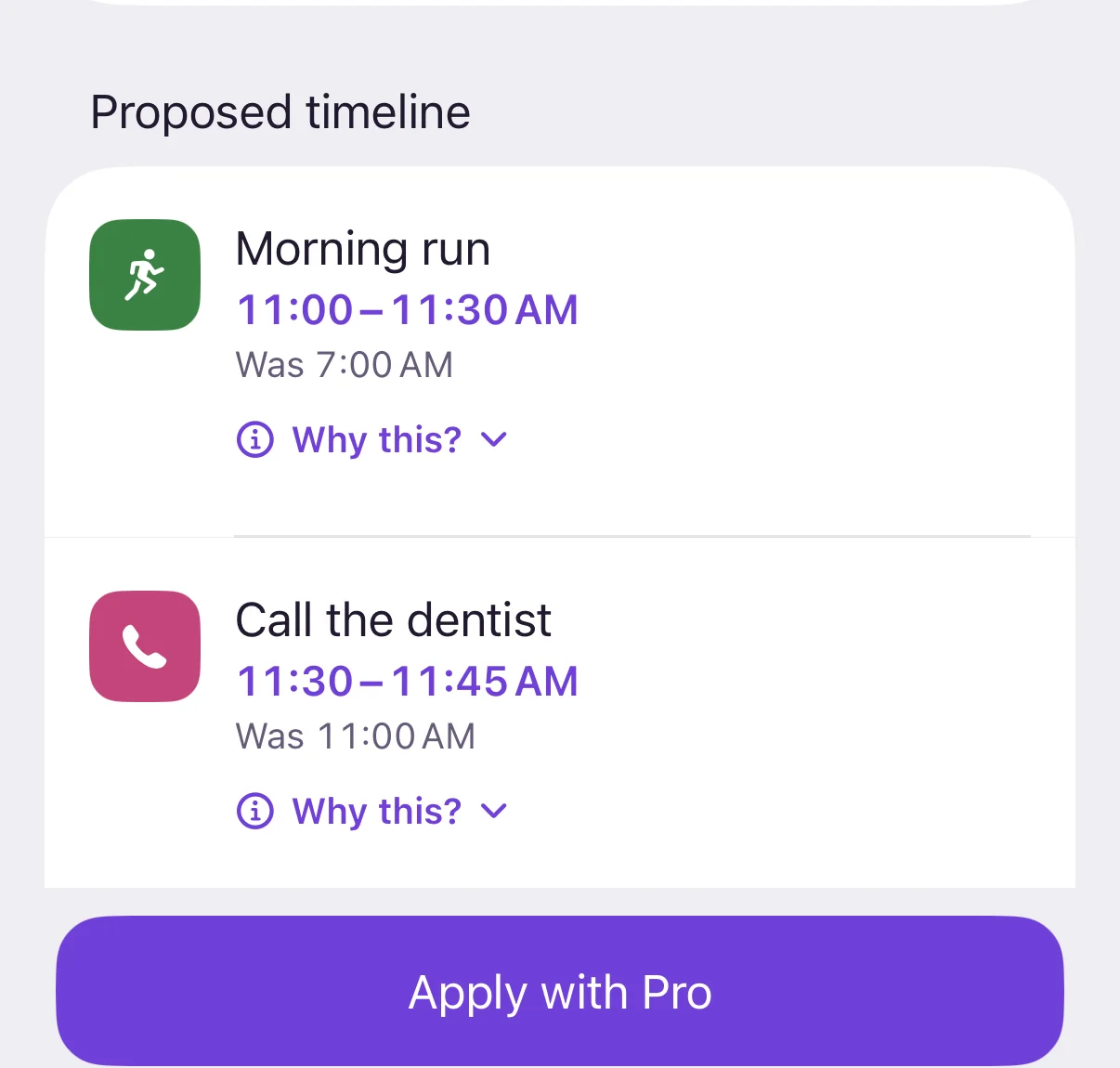 Replan today: the proposed timeline moves the missed morning run and the dentist call into free time later in the day.