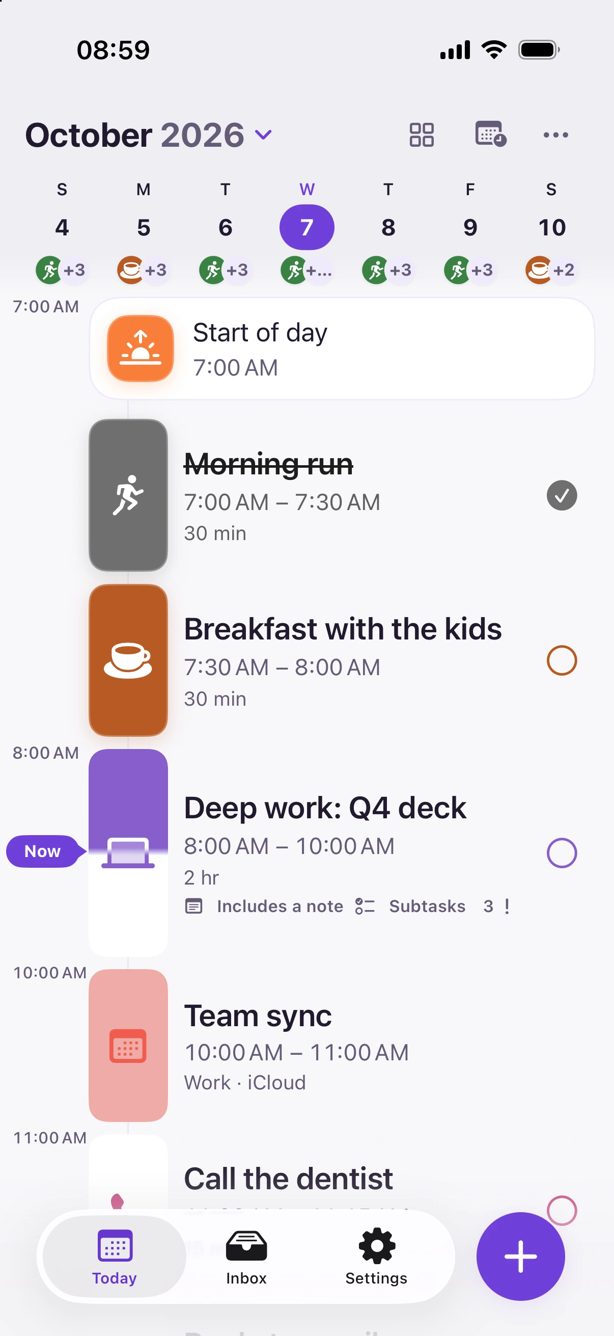 Zrima’s Today screen: a colorful timeline with a morning run, breakfast with the kids, a team sync, and deep work happening now.