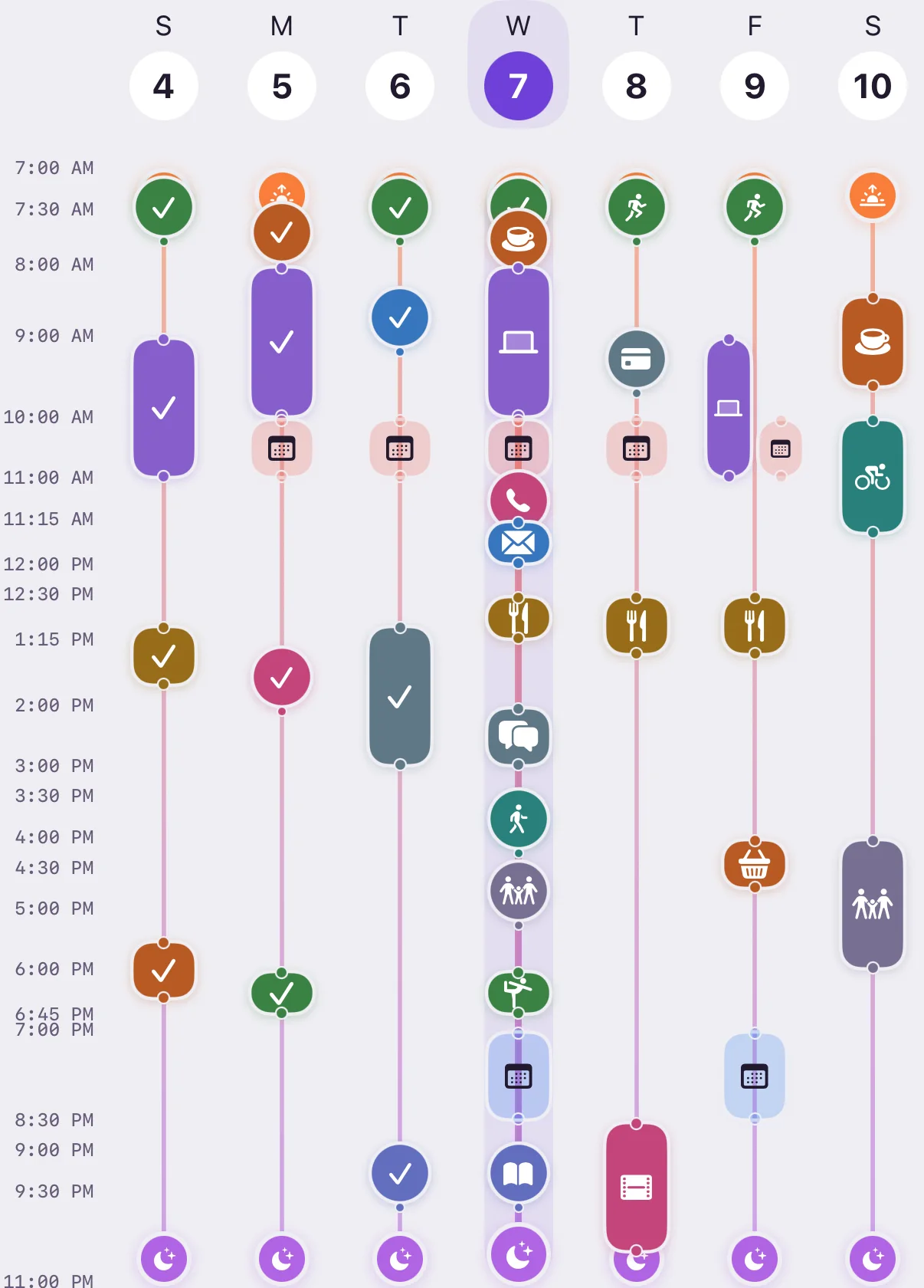 Zrima’s Week overview: colorful activities and Calendar events across every day of the week.