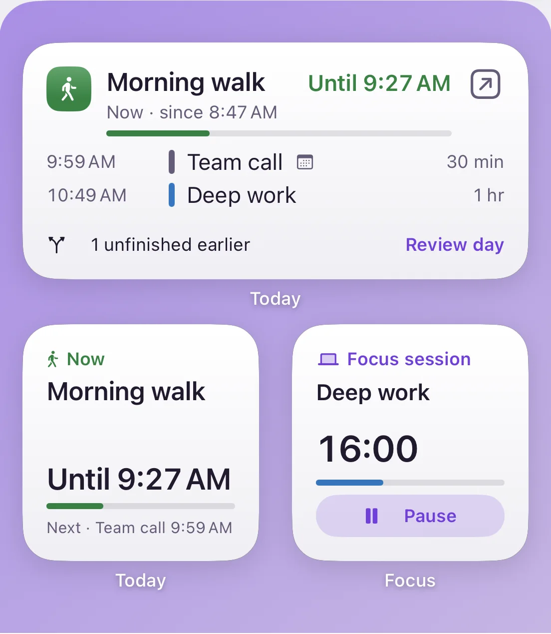 Zrima widgets showing the current activity, what’s next, and the focus timer.